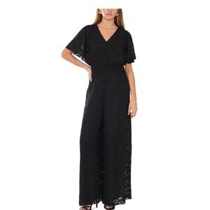Vince Camuto Black Lace V-Neck Wide-Leg Jumpsuit with Flutter Sleeves